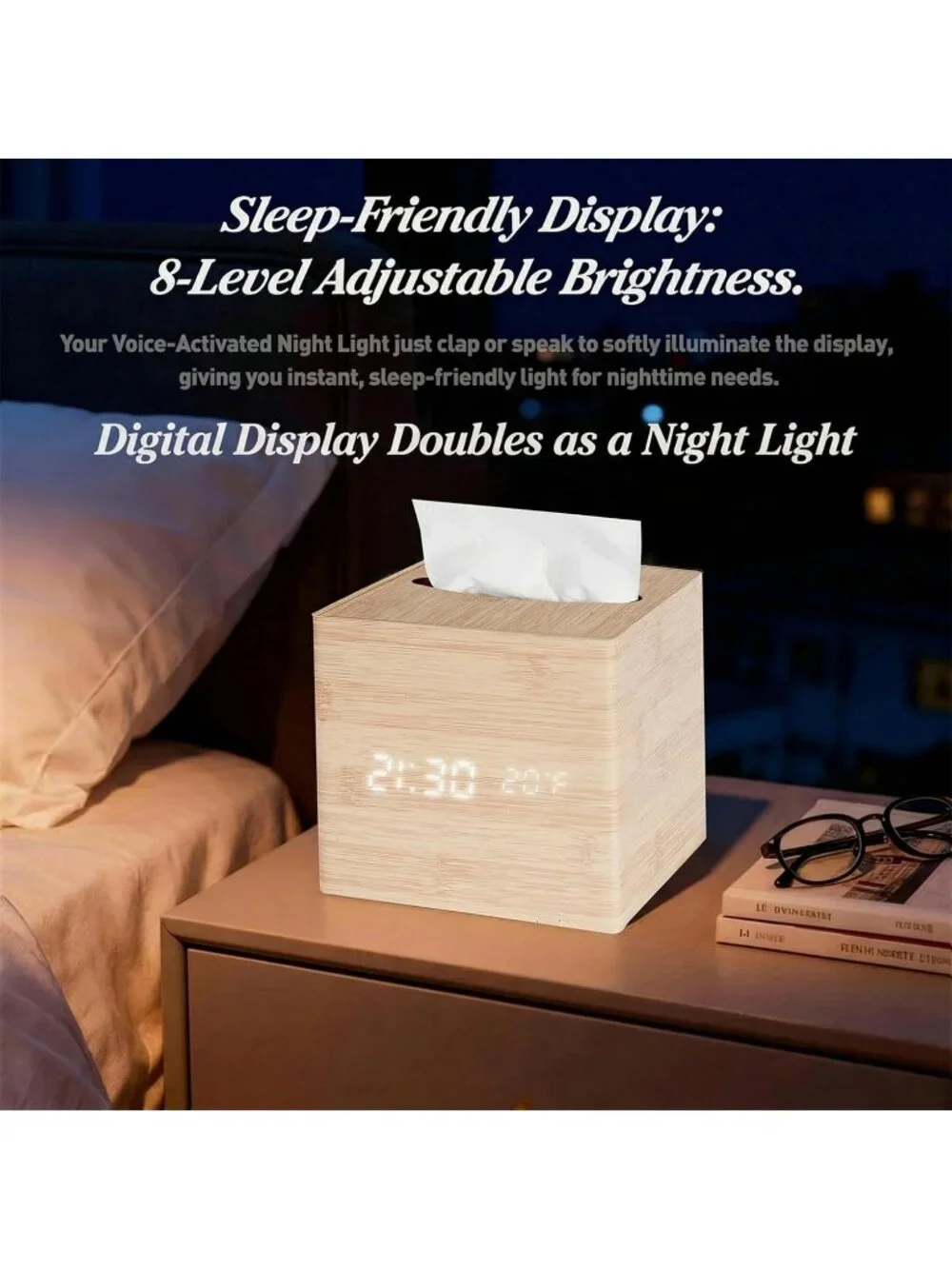 Home Cream Digital Cordless Alarm Temperature Display Wooden Tissue Box Clock