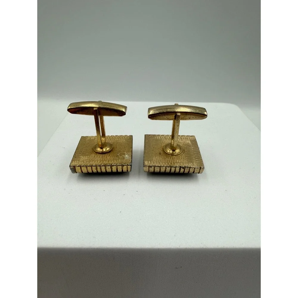 Vintage Gold Tone Speckled Stone Rectangular Cufflinks Mid Century Modern Mens