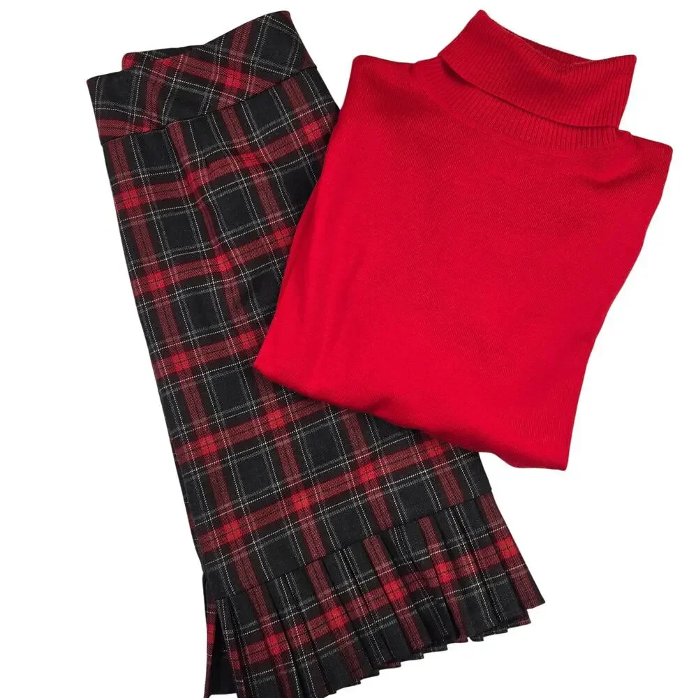 Pendleton Skirt Set Size Large Petite 8 Petite Wool Red Plaid Sweater Skirt