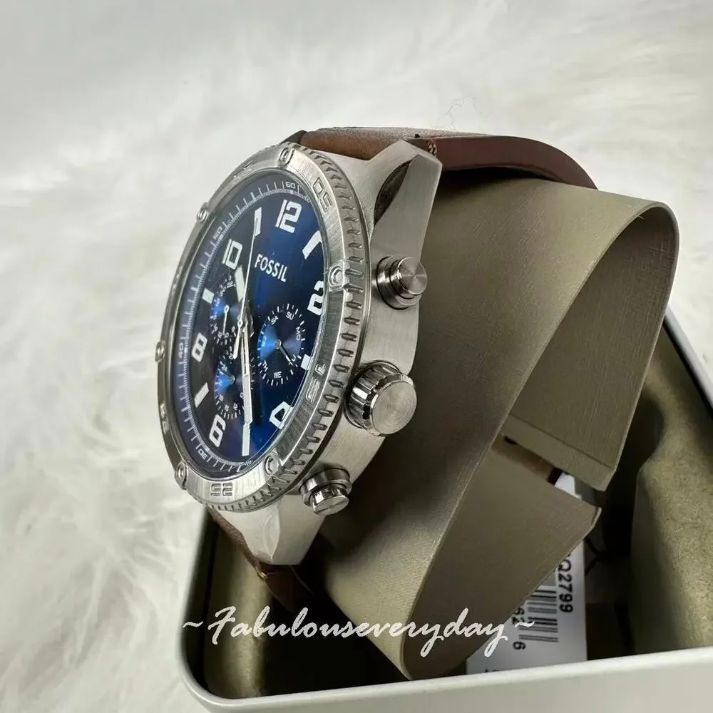 FOSSIL Men's Brox Multifunction Brown Leather Watch 50mm Blue BQ2799 NWT