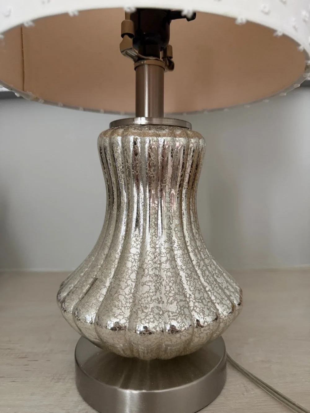 Elegant White Beaded Shade Table Lamp with Silver Mercury Glass Base