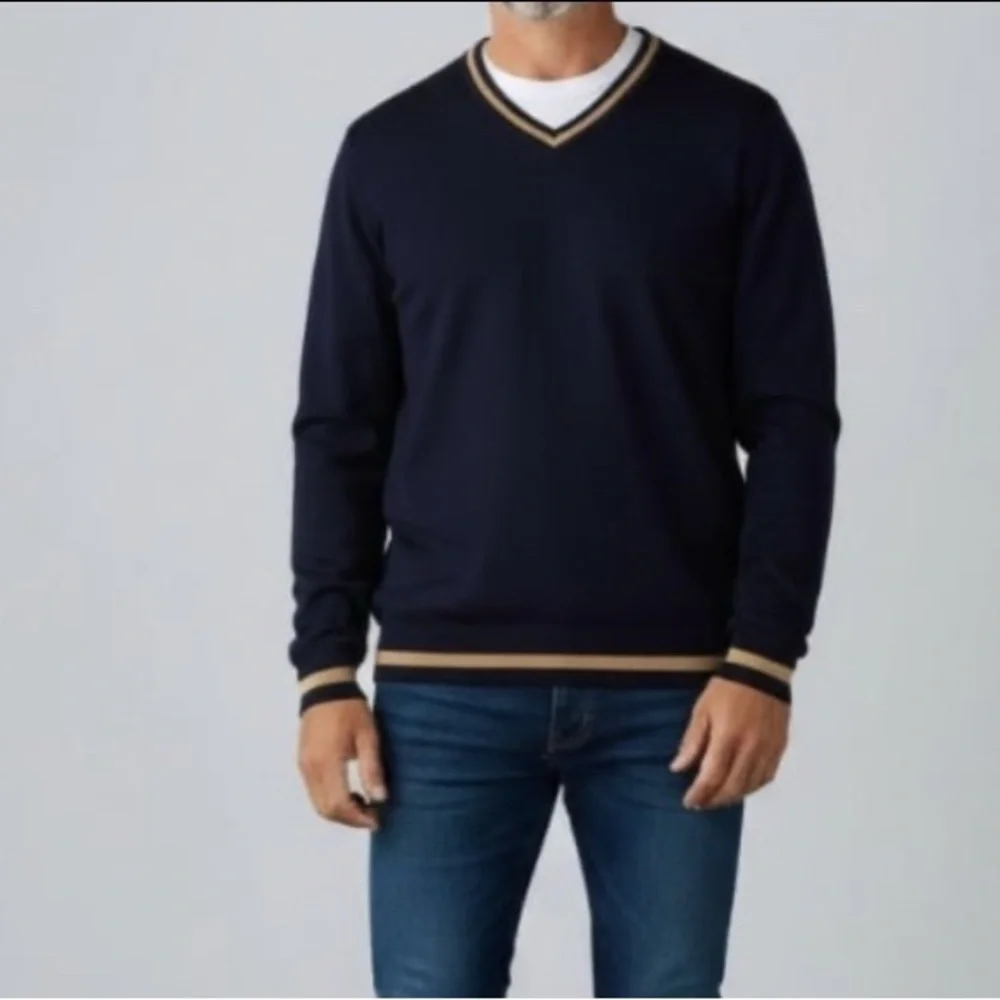 Cotton Knit Blue Tan strip V-neck Sweater  eclectic Grandpa fisherman old money