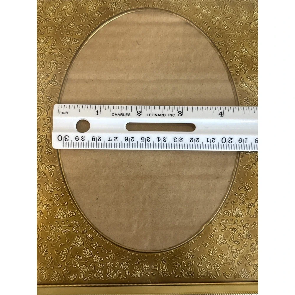 Pair Vtg Gold Tone Metal Picture Frames Embossed Filigree Border Oval Opening