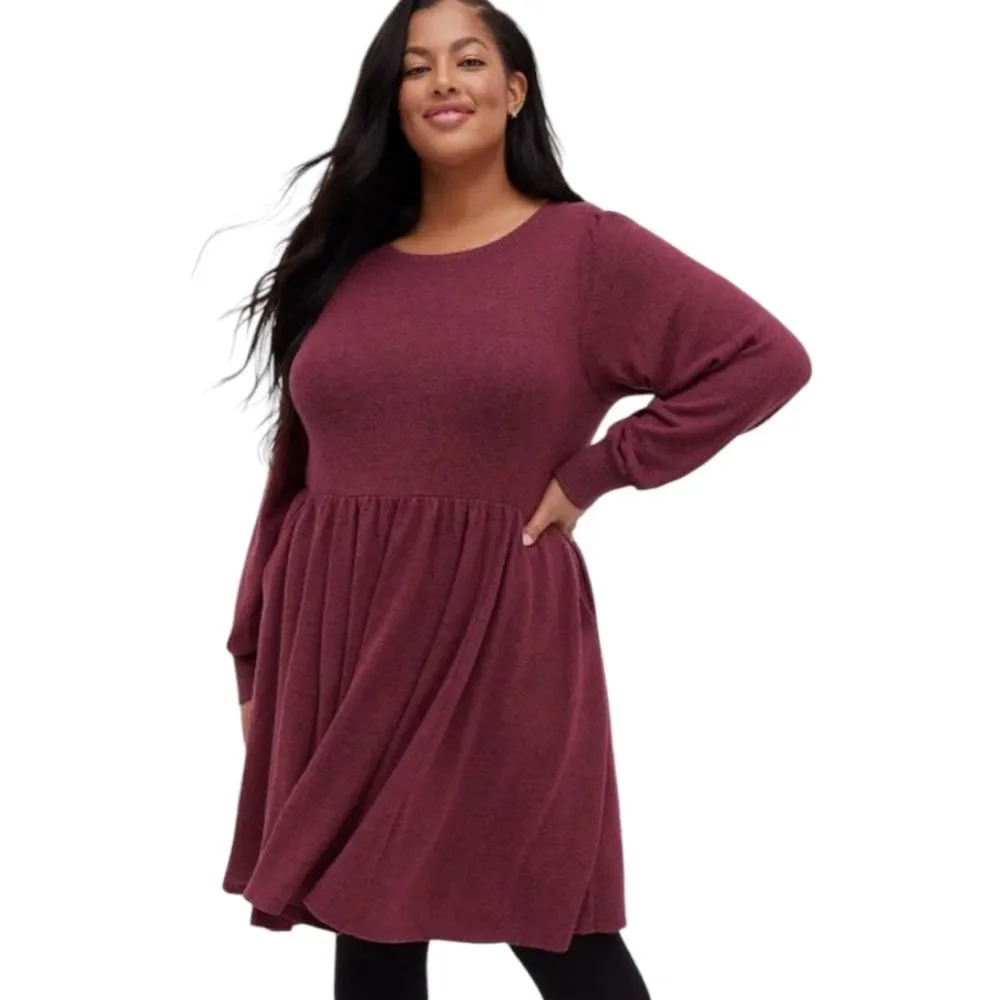 Torrid NWT Babydoll Dress - Super Soft Plush Burgundy Long Sleeve Plus Size‎ 2X