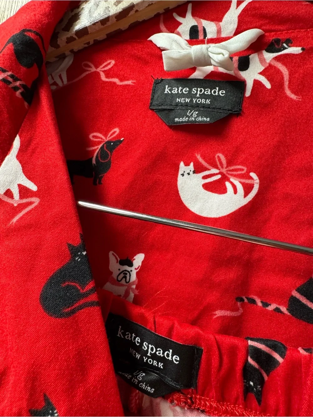 Kate Spade New York Holiday Cozy Jersey Pajama Set Cats Dogs Red Multi Large NEW