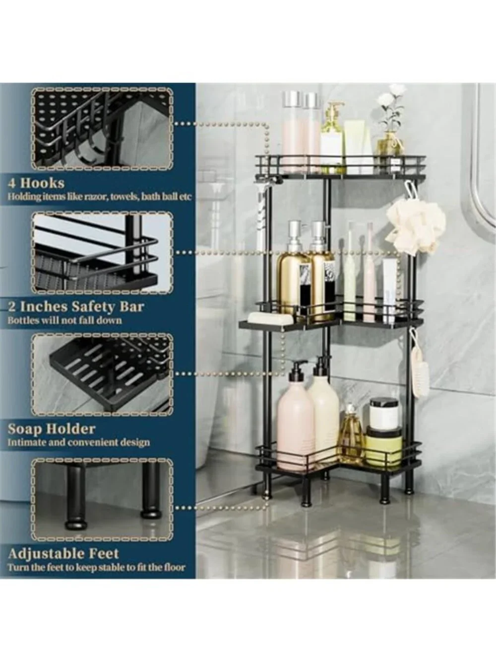 Corner Shower Caddy Standing Stainless Steel 3 Tier Bathroom Organizer Black