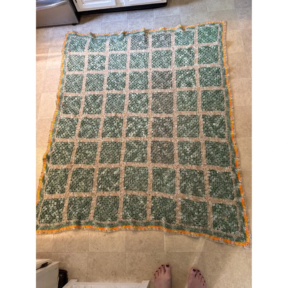 Vintage Handmade Crochet Granny Square Blanket Green Cream Orange Boho Throw