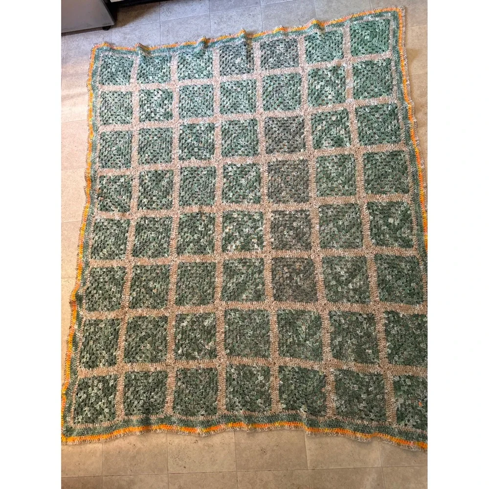 Vintage Handmade Crochet Granny Square Blanket Green Cream Orange Boho Throw