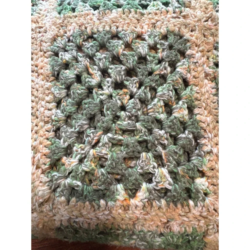 Vintage Handmade Crochet Granny Square Blanket Green Cream Orange Boho Throw