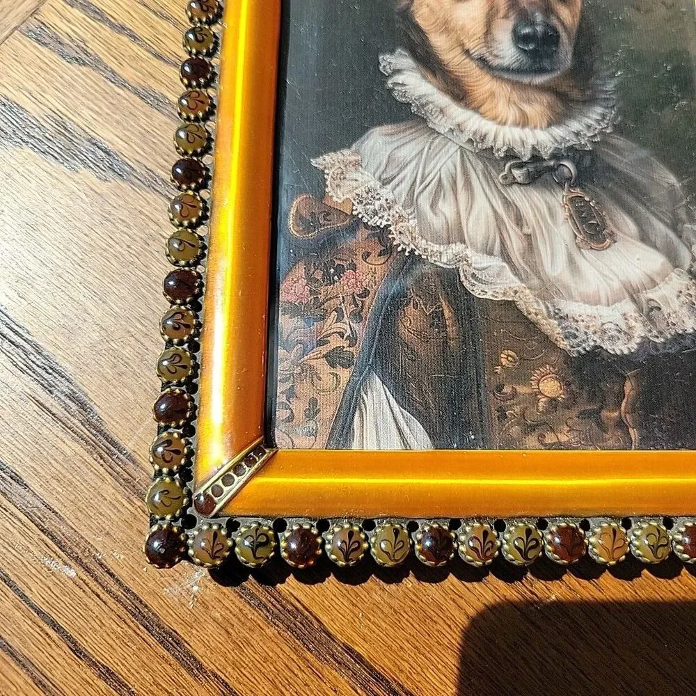 Vtg enamel & faux gemstone picture frame copper 4x6 photo Royal Dog art print