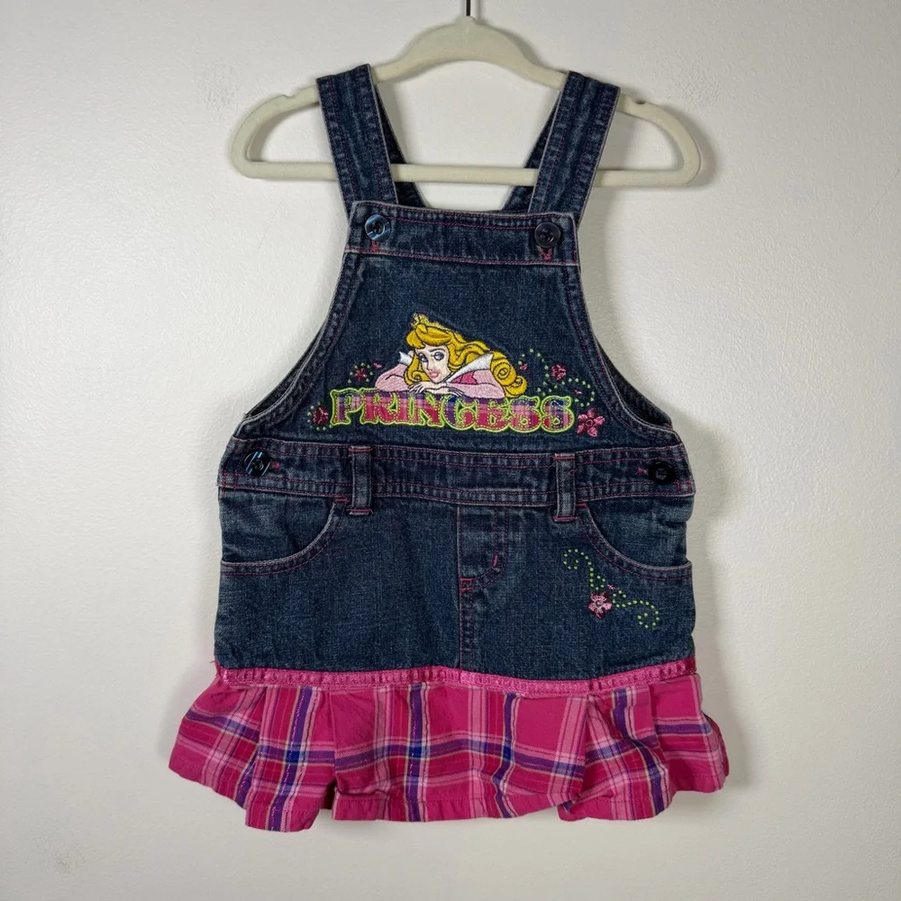 Y2K Disney Princess Denim Overall Dress Embroidered Kid’s Size 2T Plaid Retro