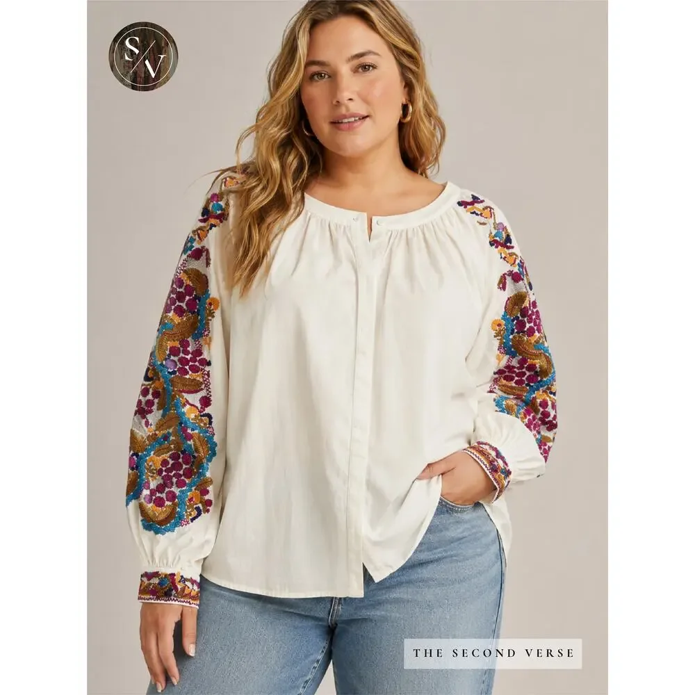 H&M Ivory Cream Embroidered Long Puff Sleeve Women's Top Size 12