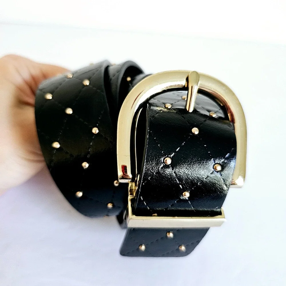 Womens Reversible Black‎ Gold Studded Diamond Belt 40 inches Long - B384.1
