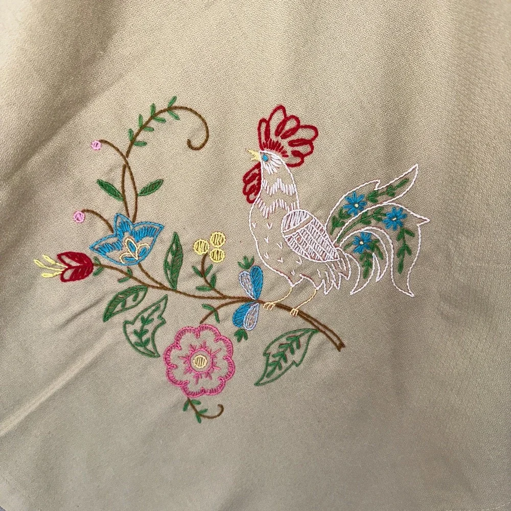 Vintage Hand Cross-Stitched Square Tablecloth W/ Roosters at Each Corner 51