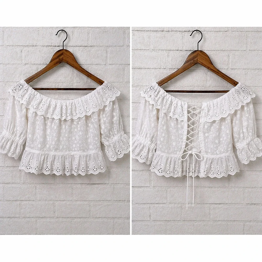 Zara‎ White Eyelet Milkmaid Peplum Crop Top XS Coquette Festival Coastal Cottage
