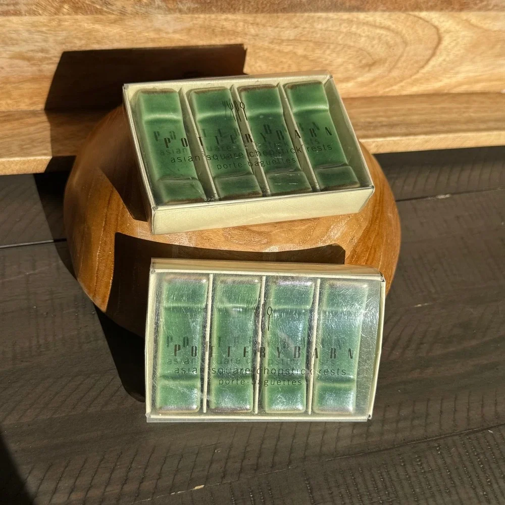 Pottery Barn Asian Square Chopstick Rests Holder Set of 4 Green‎ Ceramic