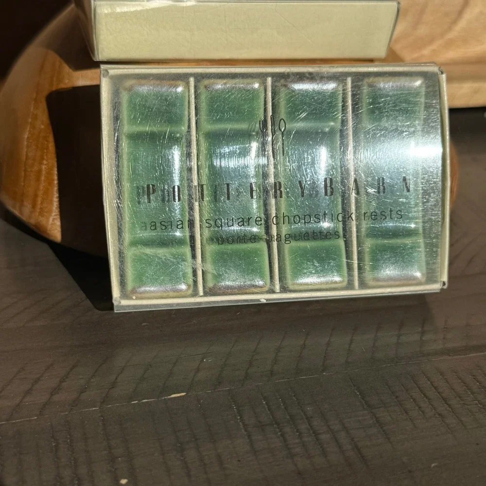 Pottery Barn Asian Square Chopstick Rests Holder Set of 4 Green‎ Ceramic