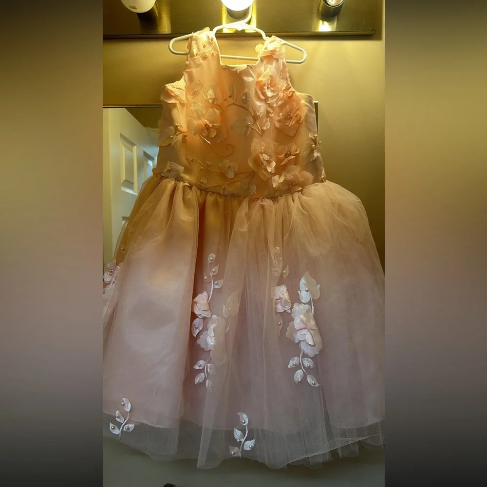 Girls Size 14 Blush Pink Floral Applique Tulle Party Dress w/ Satin Bow