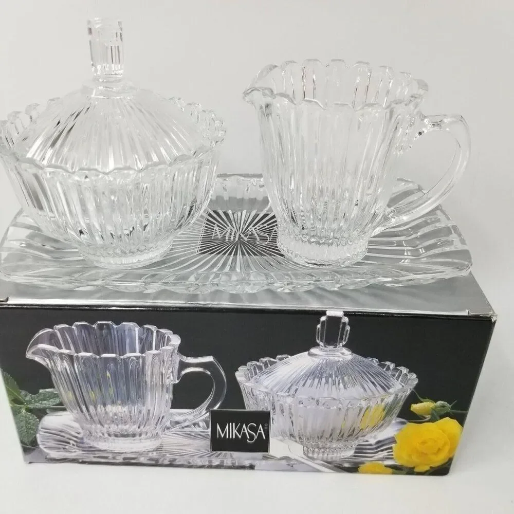 Vintage Mikasa Royal Suite Cut Crystal Covered Sugar Bowl Creamer Tray New