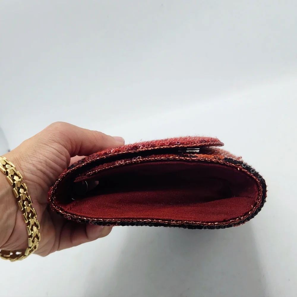 Vintage Red & Black Sequin Clutch In Abstract Pattern Convertible Chain Strap
