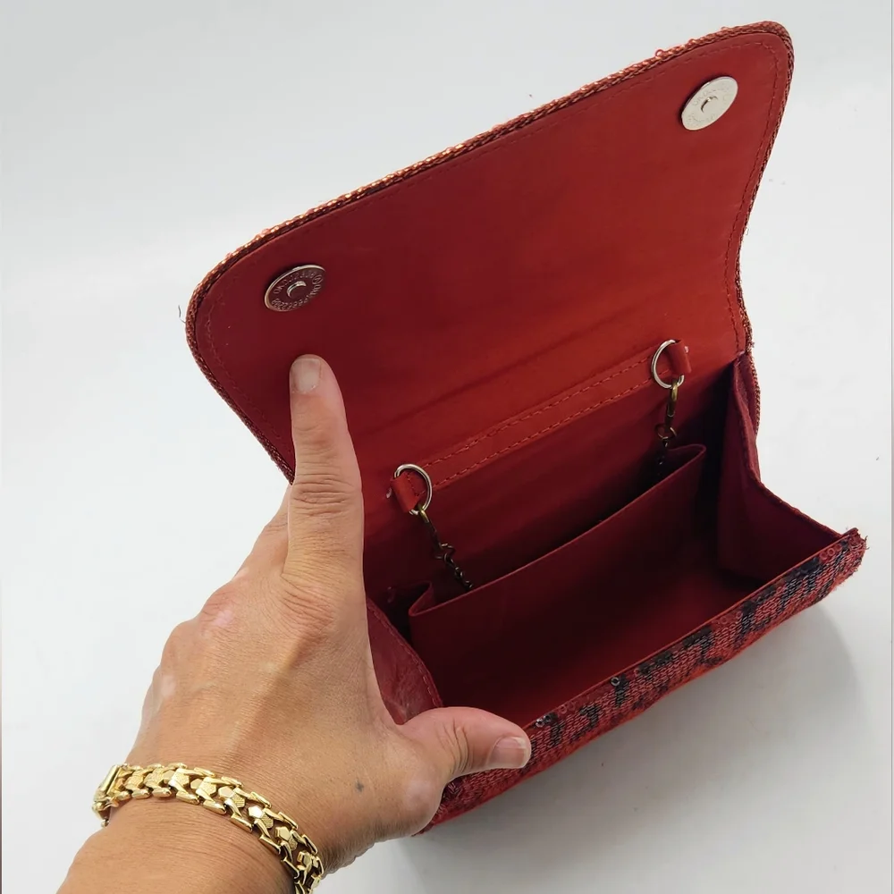 Vintage Red & Black Sequin Clutch In Abstract Pattern Convertible Chain Strap