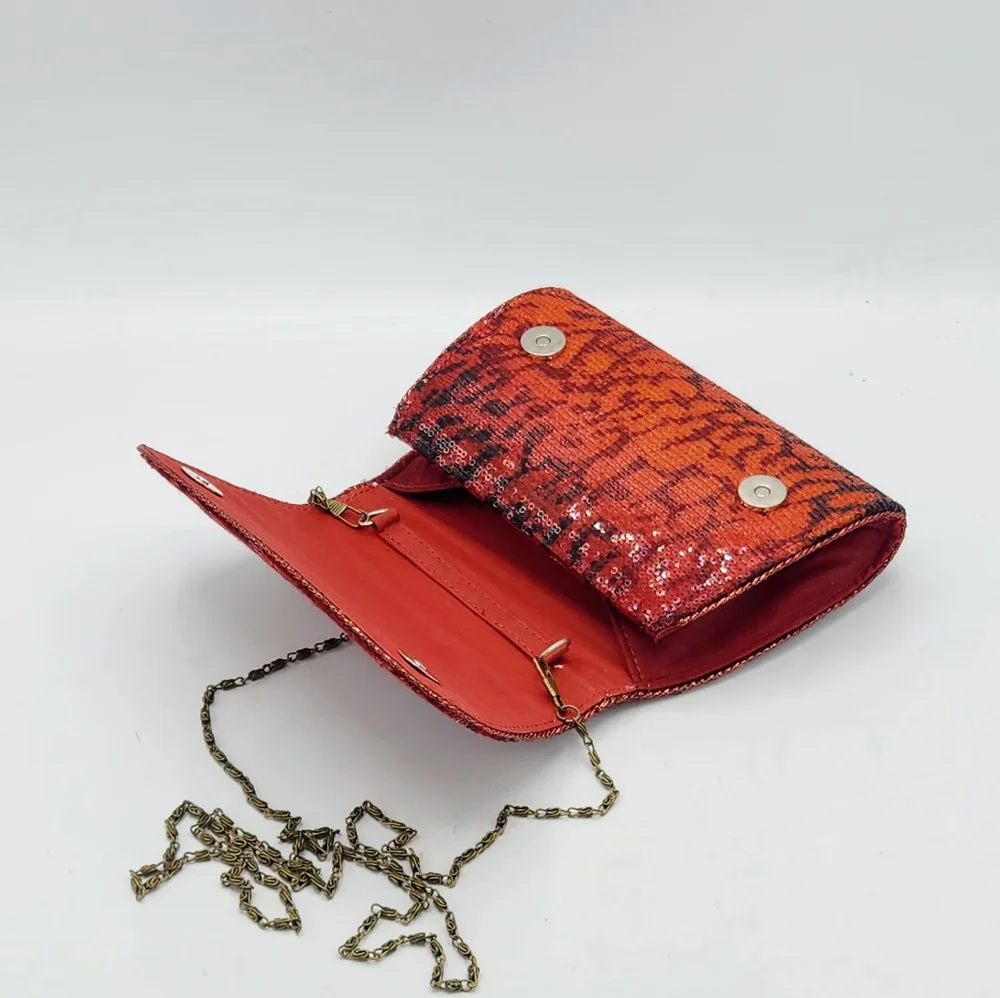 Vintage Red & Black Sequin Clutch In Abstract Pattern Convertible Chain Strap