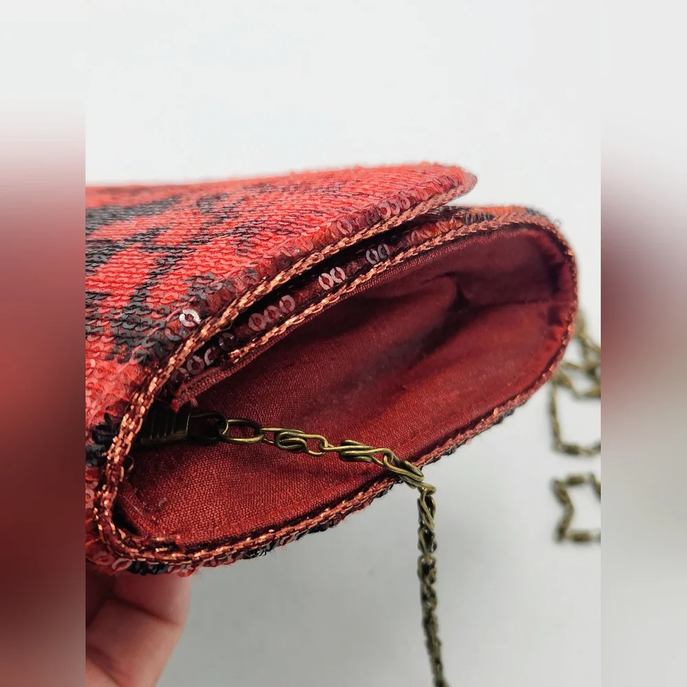 Vintage Red & Black Sequin Clutch In Abstract Pattern Convertible Chain Strap