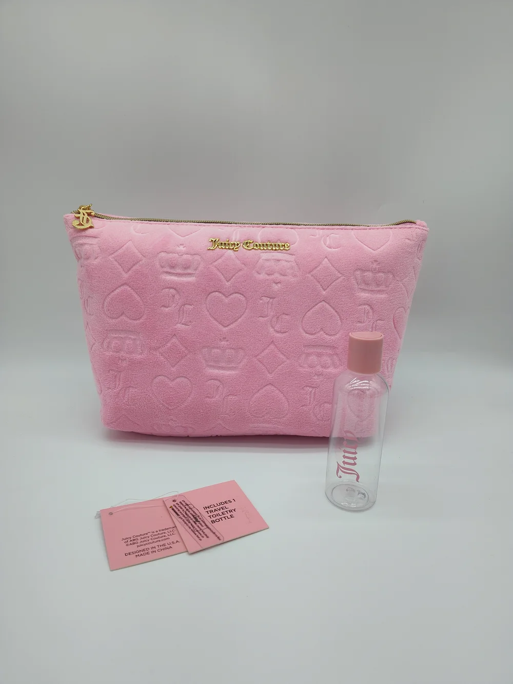 JUICY COUTURE Pink Velour Monogram Cosmetic Bag Travel Bottle NWT