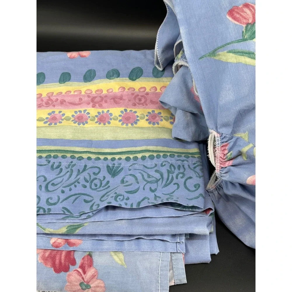 Vintage Dan River Full Sheet Set Blue Pink Floral Cottagecore 100% Cotton USA