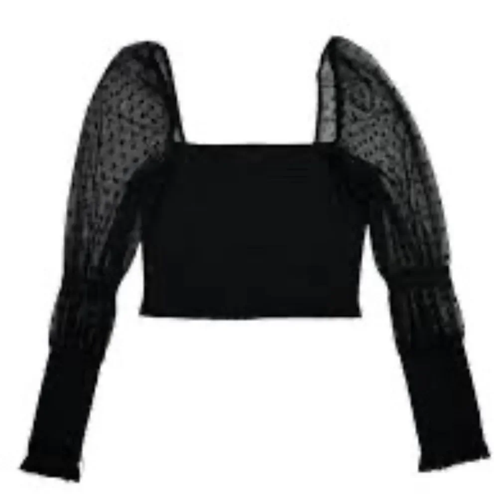 Intimately Free People‎ Puckered Black Crop Top Dotted Mesh Sleeves Sz M