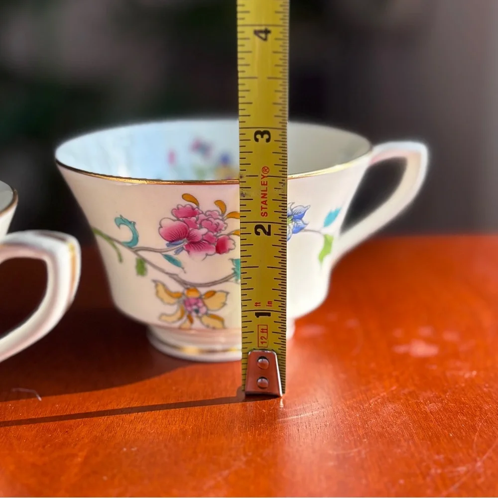 Royal Worcester Floral Tea Cups with Gold Trim Hampton Court Vintage Set of 2