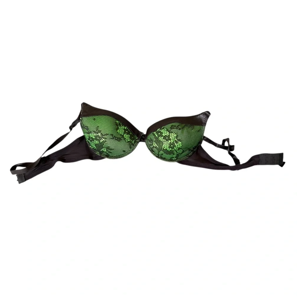 34A push-up bra green with black grey lace, adjusts straps and clasps