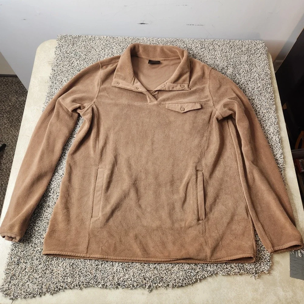 32 Degrees Heat Mens Medium Tan Brown Fleece Snap Button Pullover Sweater Pocket