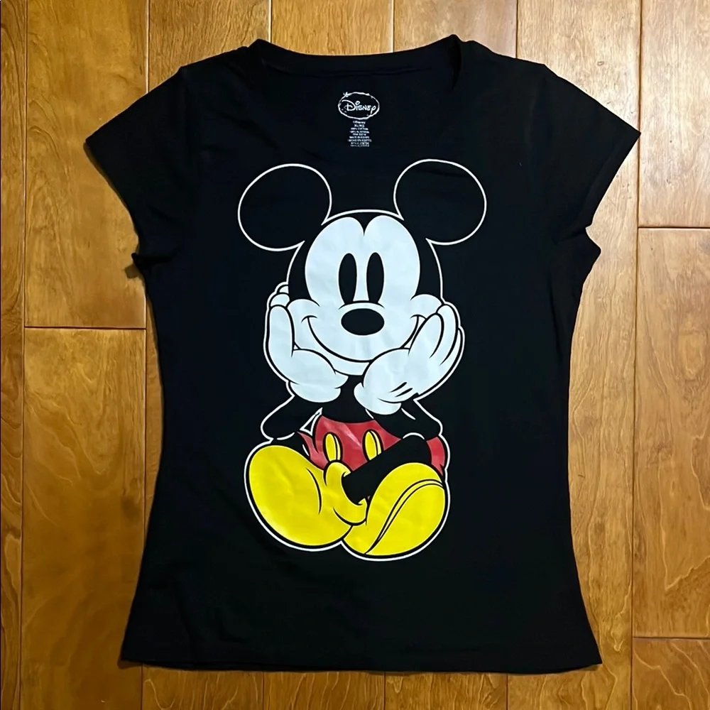 Disney Mickey Mouse Graphic Tee XL Black Cap Sleeve Fitted WDW Classic Shirt
