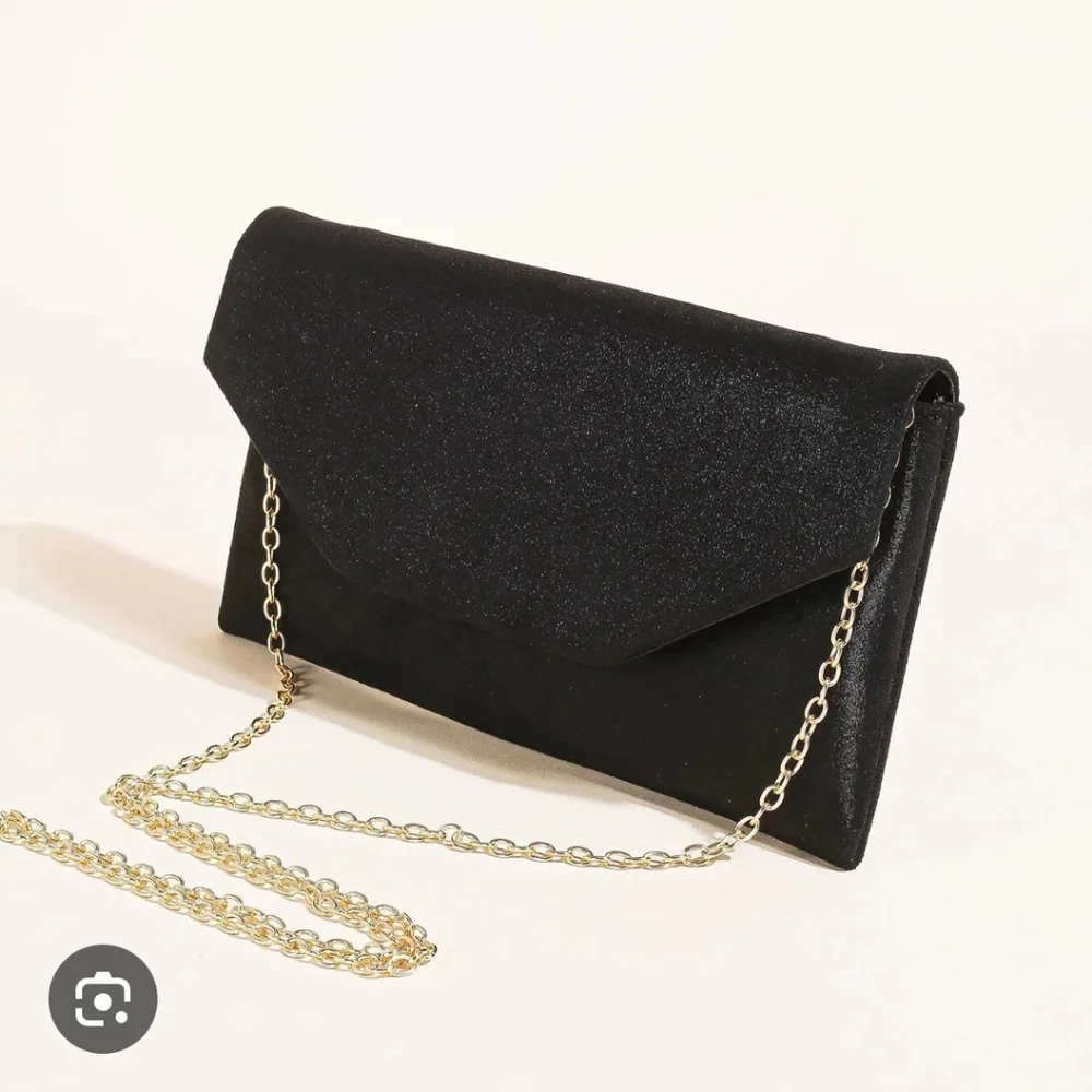 Black Glitter Velvet Feel Chic Classy Envelope Style Clutch with Gold Chain