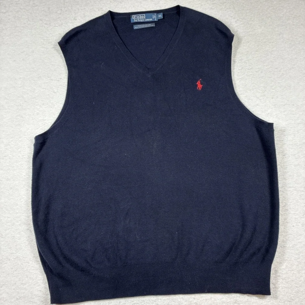 Polo Ralph Lauren Sweater Vest Mens XL Navy Blue Pima Cotton V Neck Knit Logo