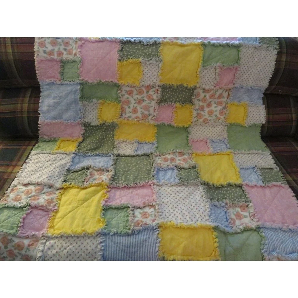 Flannel Rag Quilt With Batting, 50 X 44, Floral Scrappy Rag Quilt Throw