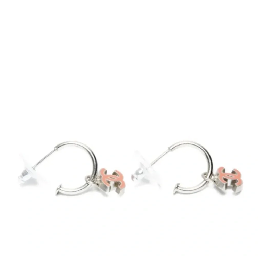 CHANEL Silver and Red CC Hoop Pierced Earrings