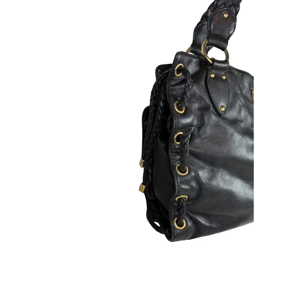 VINTAGE Michael Kors Hobo Bag, Black Leather Woven Leather Handles Gold Hardware