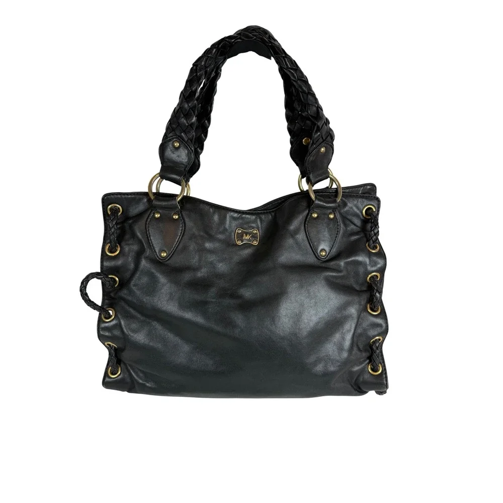 VINTAGE Michael Kors Hobo Bag, Black Leather Woven Leather Handles Gold Hardware
