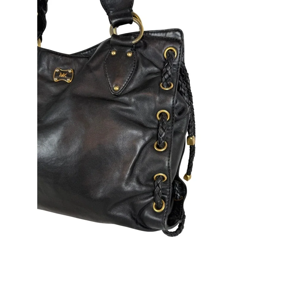 VINTAGE Michael Kors Hobo Bag, Black Leather Woven Leather Handles Gold Hardware