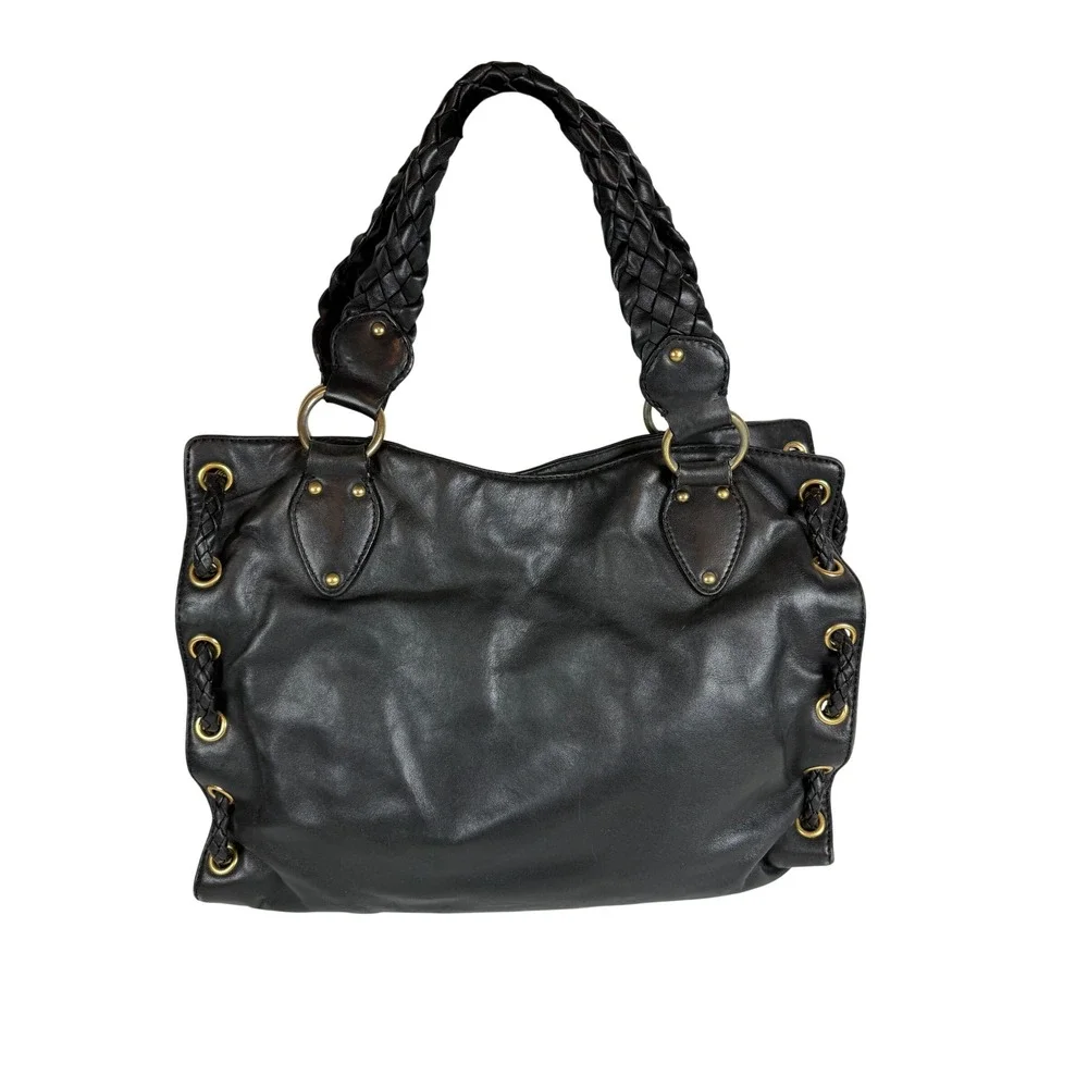 VINTAGE Michael Kors Hobo Bag, Black Leather Woven Leather Handles Gold Hardware