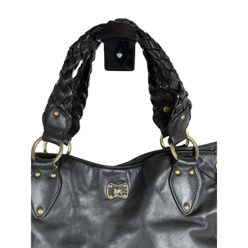 VINTAGE Michael Kors Hobo Bag, Black Leather Woven Leather Handles Gold Hardware