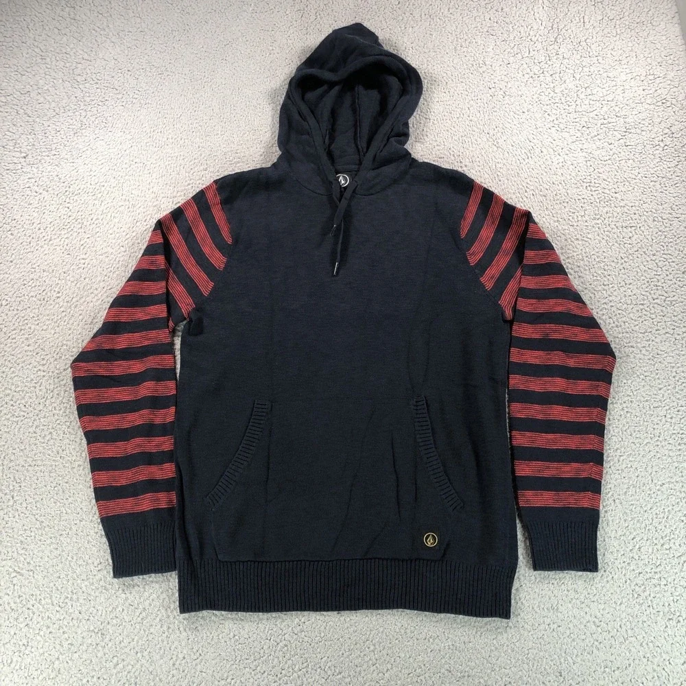 Volcom Hoodie Mens Medium‎ Blue Red Stripes Knit Surf Skate Cromly Logo New