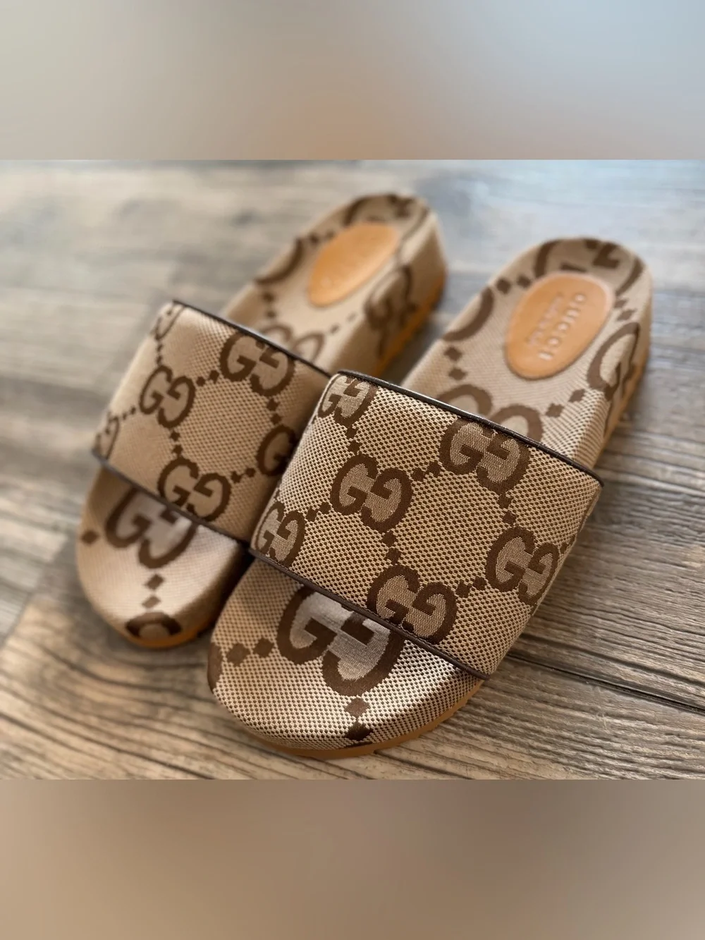 Gucci Men's Slides in Camel and Ebony Maxi GG Canvas Uk 10 US 10.5