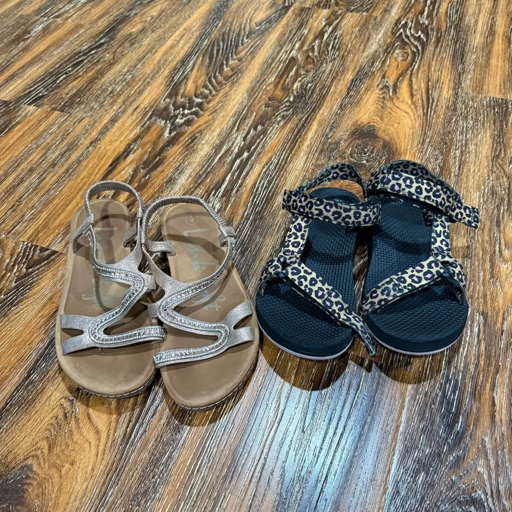 Girls Size 4 Rose Gold Beaded Sandals & Black Leopard-Print Shoes Big Kids