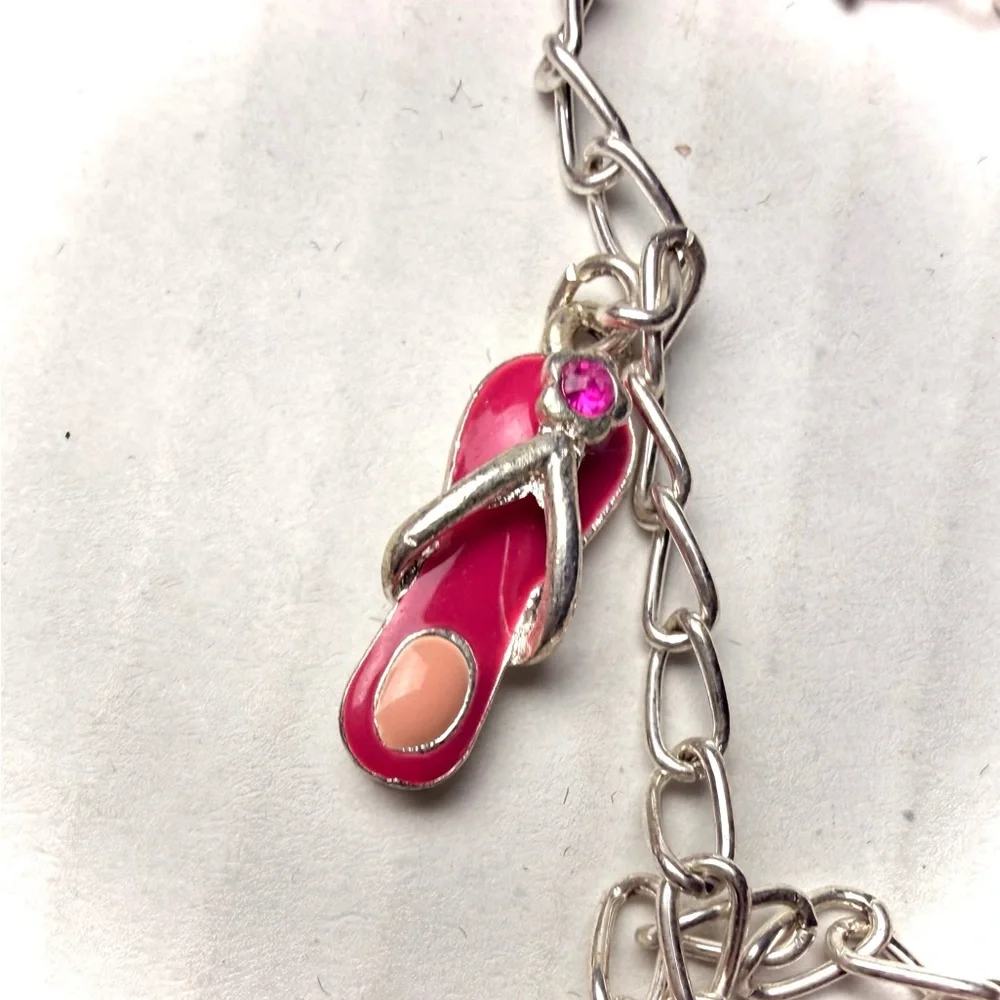 Vintage Silver Tone Enamel Flip Flop Charm Bracelet Sandals‎ Beach Colorful Y2K