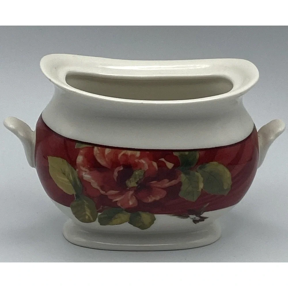 222 Fifth Belize Sugar Bowl no lid dk Red‎ Floral Makeup Toothbrush Holder Nick