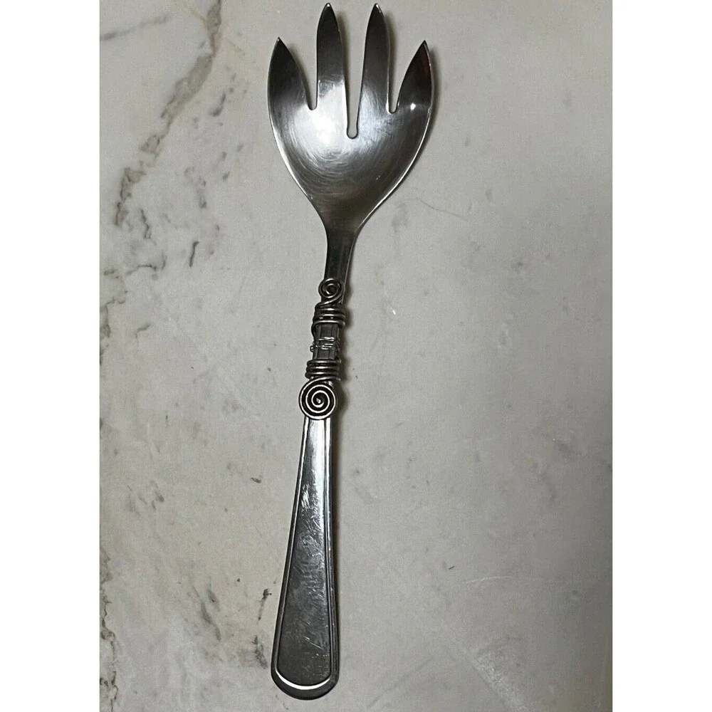 Serving Fork Stainless Steel Flatware Utensil‎ 4 Prong Scroll Wrap Metal Rustic