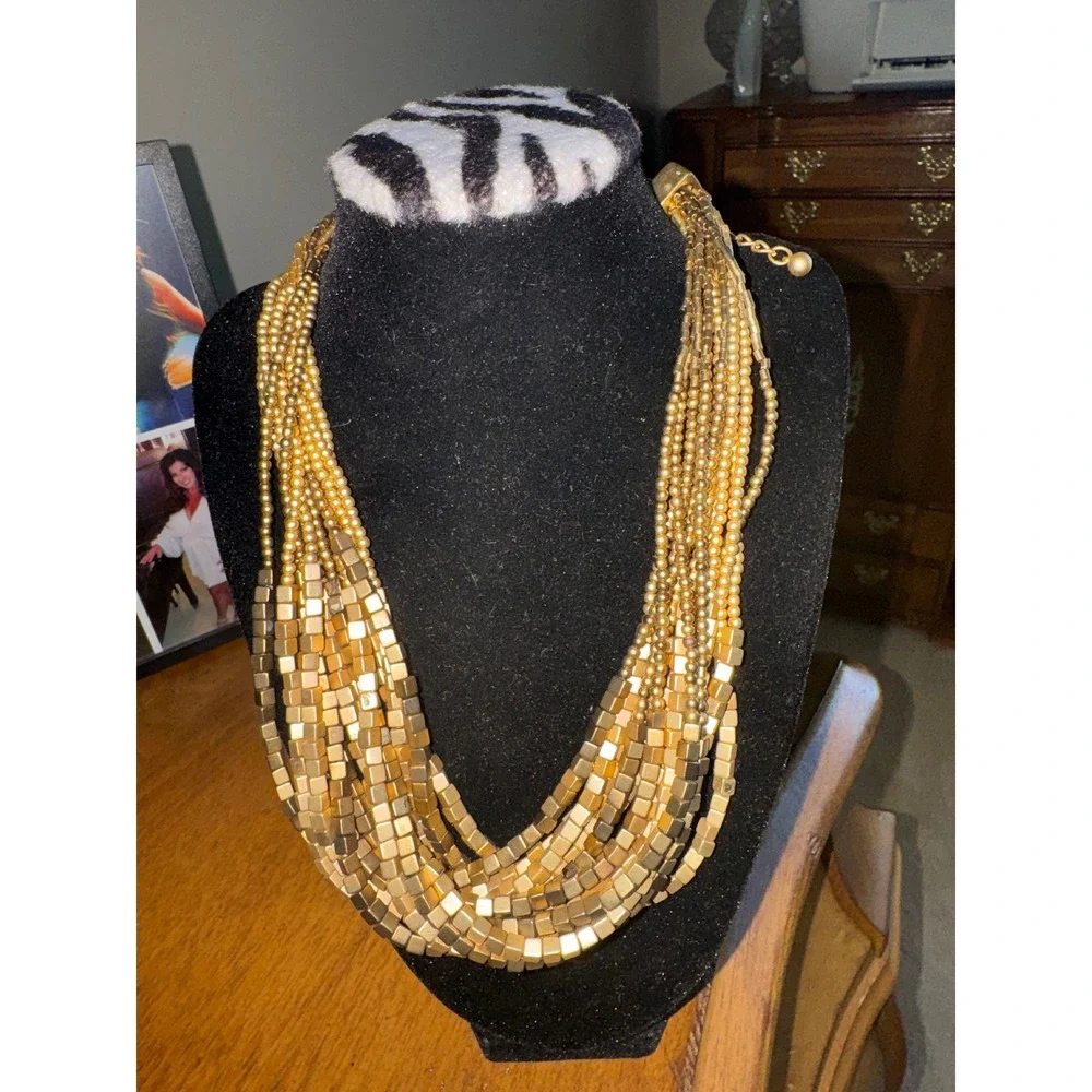Chico's Gold Multi Strand Statement Necklace Square Cube Beaded Layered Bib